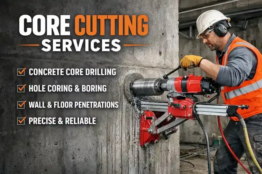 Core cutting services — technician in safety gear using a diamond core drilling machine on a concrete wall for concrete core drilling, hole coring and wall and floor penetrations
